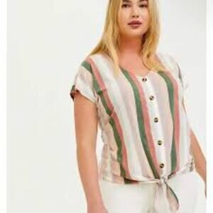 TORRID MULTI PINK GREEN STRIPE JERSEY TIE FRONT WOMEN PLUS SIZE BLOUSE 4 OR 4X